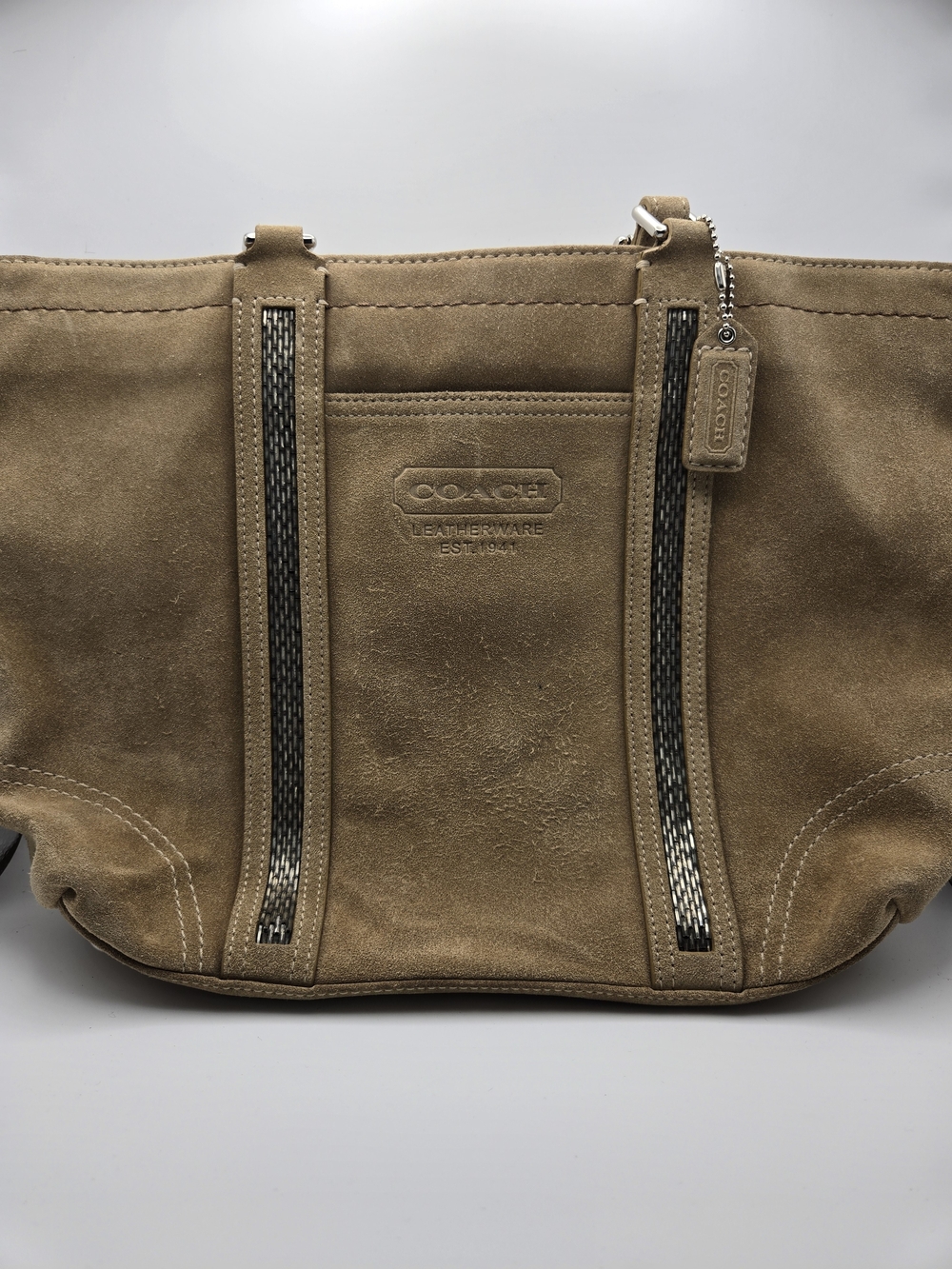 Coach Suede Shoulder Bag in Tan with Silver Accents